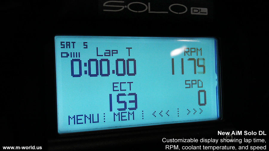 aim solo dl screen displaying data including lap time, rpm, ect, and speed